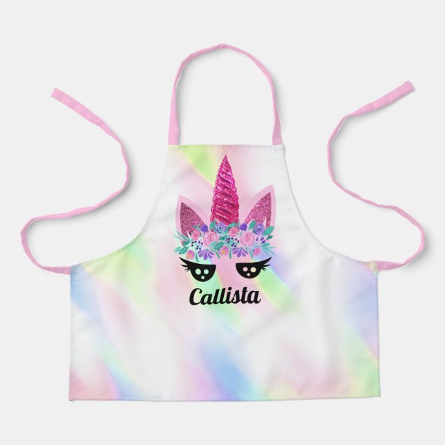Magical Pink Unicorn Floral Glitter Name Apron (Front)