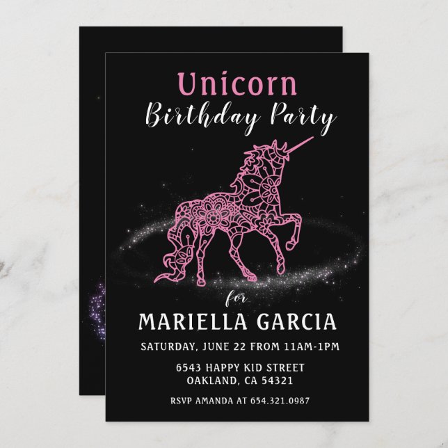 Magical Pink Unicorn Girls Birthday Party  Invitation (Front/Back)
