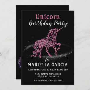 Magical Pink Unicorn Girls Birthday Party  Invitation