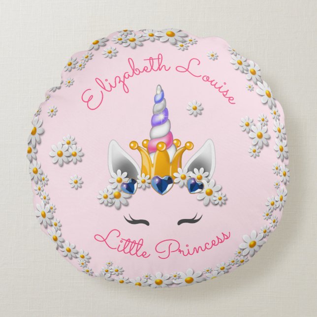 Magical Pink Unicorn Princess Crown Nursery Round Cushion (Front)