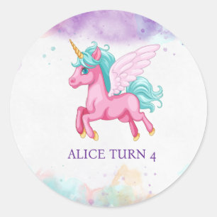 Magical Pink Unicorn Rainbow Birthday Party Classic Round Sticker