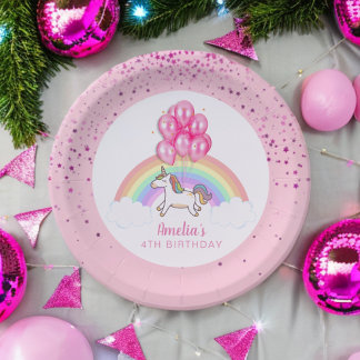 Magical Pink Unicorn Rainbow Birthday Party Paper Plate