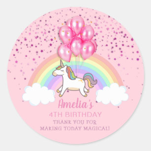 Magical Pink Unicorn Rainbow Birthday Thank You Classic Round Sticker