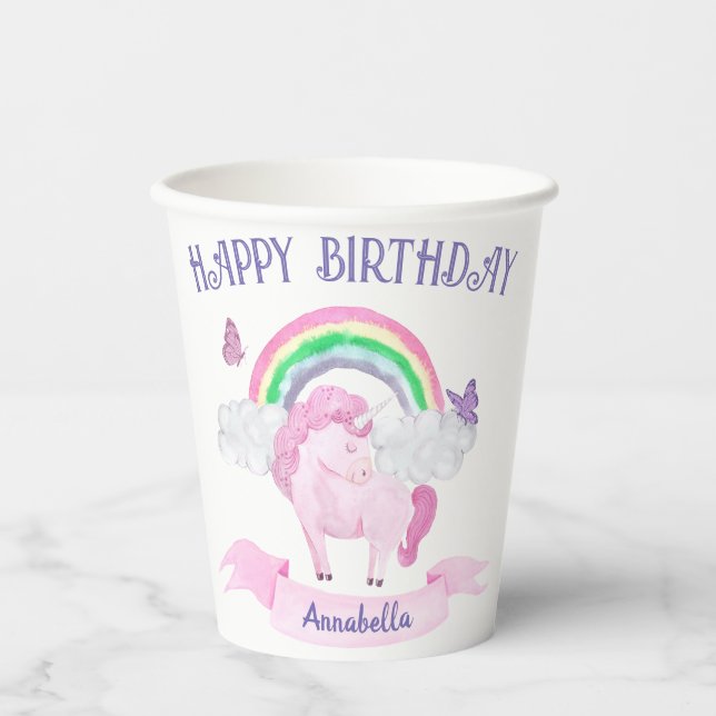 Magical Pink Unicorn Rainbow Butterflies Birthday Paper Cups (Front)