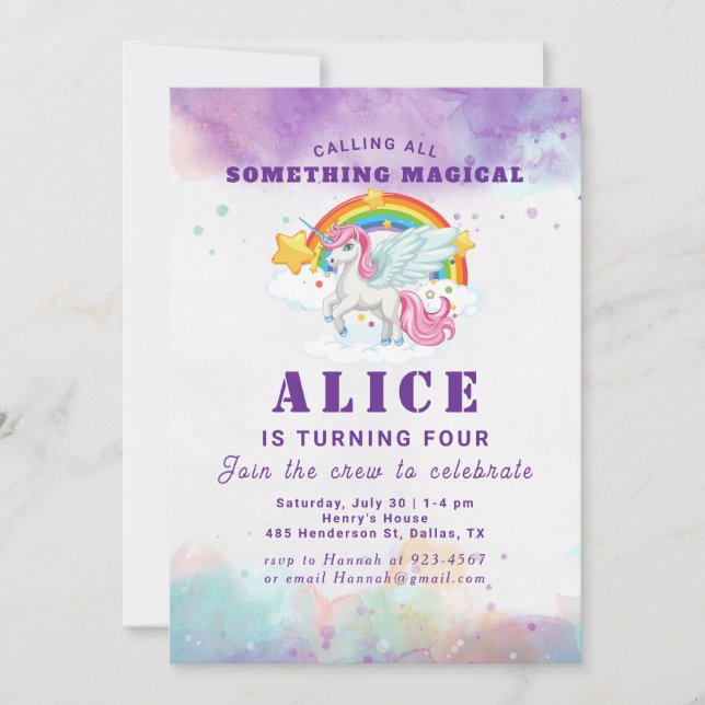 Magical Pink Unicorn Rainbow Kids Birthday Invitation (Front)