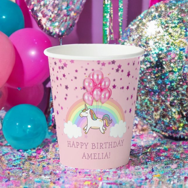 Magical Pink Unicorn Rainbow Kids Birthday Paper Cups (Creator Uploaded)
