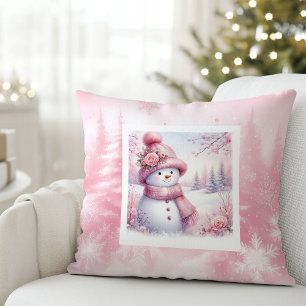 Magical Pink Winter Pillow Cute Snowman Style