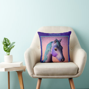 Magical Pony in Purple and Teal with Custom Name Cushion
