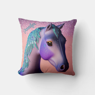 Magical Pony in Purple and Teal with Custom Name Cushion