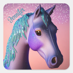 Magical Pony in Purple and Teal with Custom Name Square Sticker