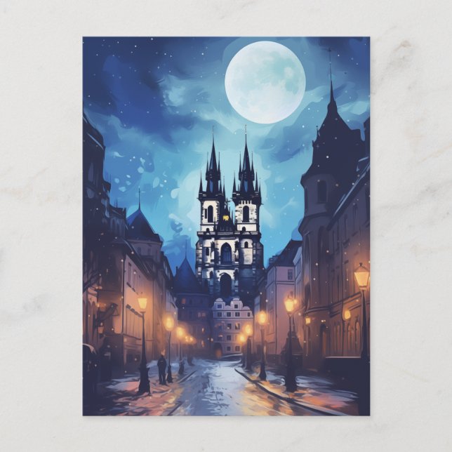 Magical Prague Night Street - Full Moon European Holiday Postcard (Front)