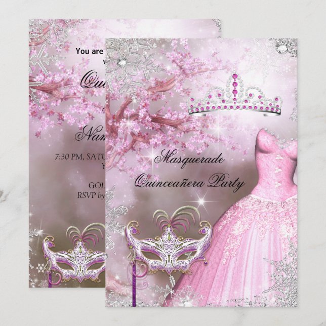 Magical Princess Quinceanera Masquerade Pink Invitation (Front/Back)