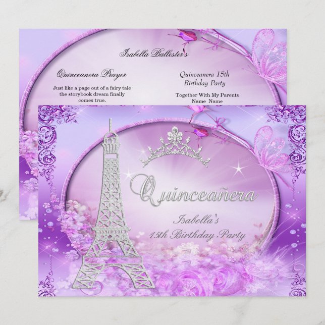 Magical Princess Quinceanera Purple Pink Tiara Invitation (Front/Back)