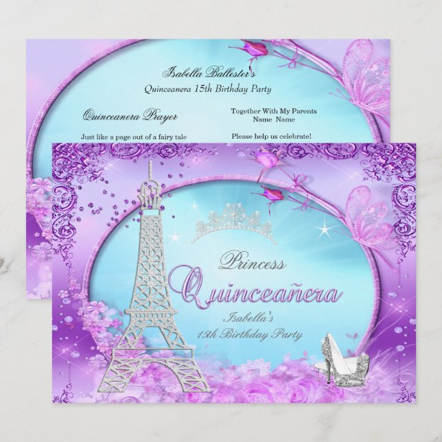 Magical Princess Quinceanera Purple Teal Blue Invitation (Front/Back)
