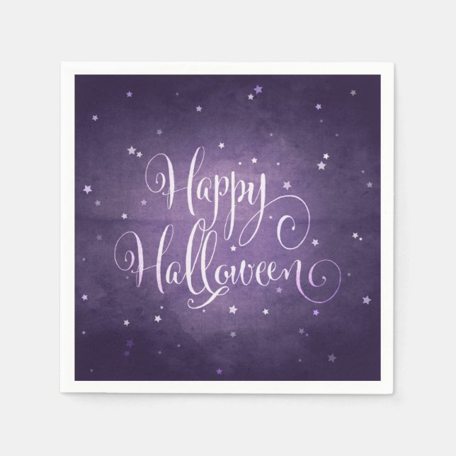 Magical Purple and White Stars Happy Halloween Napkin (Front)