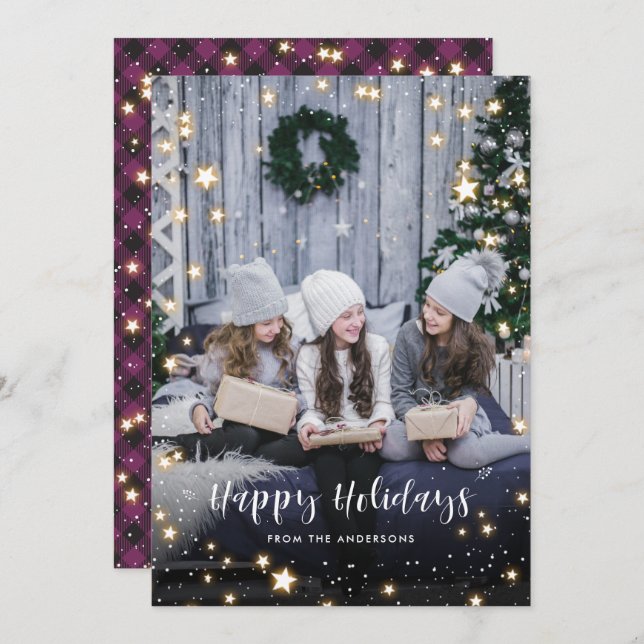 Magical Purple Buffalo Plaid Snow Stars Photo Holiday Card (Front/Back)