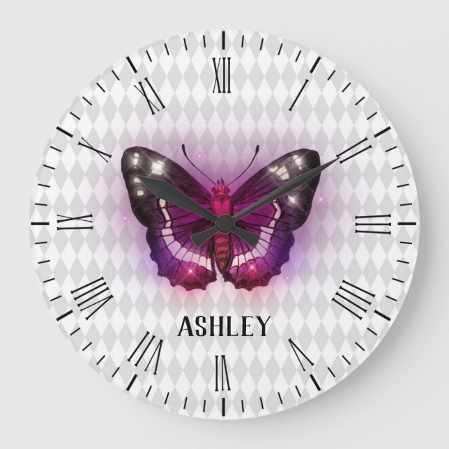 Magical Purple Butterfly Personalised Large Clock (Front)