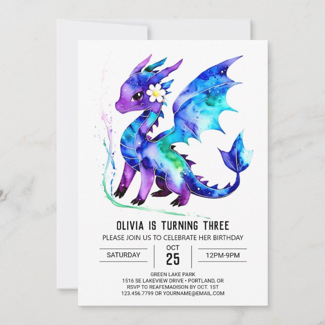Magical Purple Dragon Digital Girl Birthday Invitation (Front)
