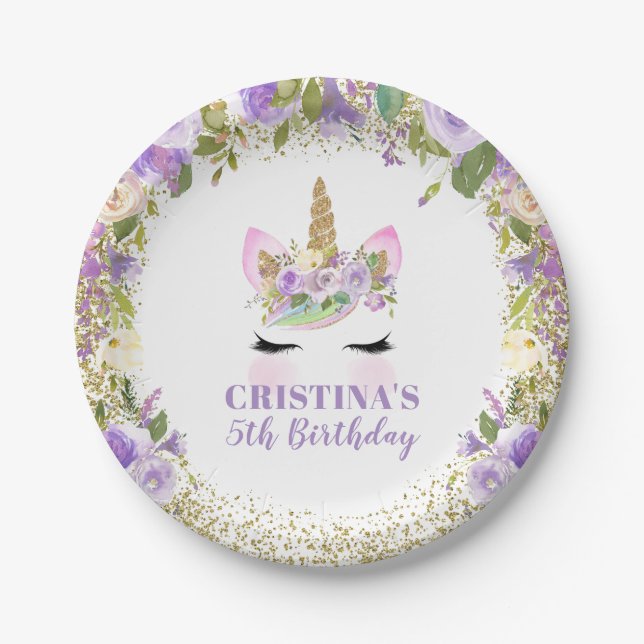 Magical Purple Gold Unicorn Party 7" Paper Plates (Front)