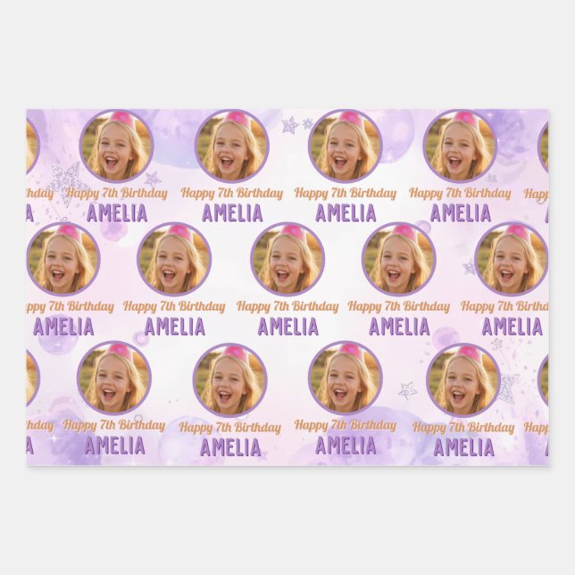 Magical Purple Photo Birthday Party  Wrapping Paper Sheet (Front)