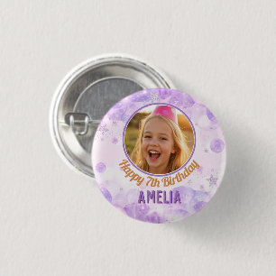 Magical Purple Photo Happy Birthday Party  3 Cm Round Badge