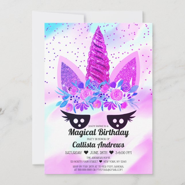 Magical Purple Unicorn Floral Glitter Birthday Invitation (Front)