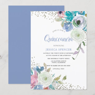 Magical Quinceanera: Mint Blue Sparkle Flowers Invitation