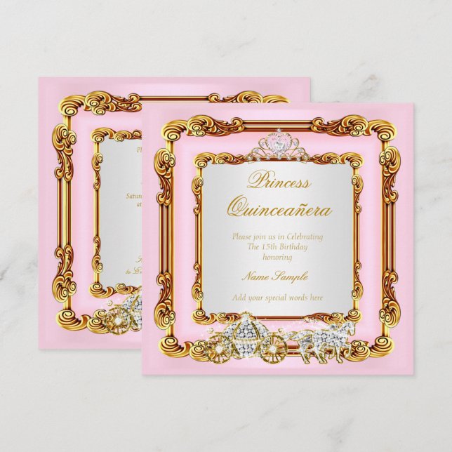 Magical Quinceanera Pink Gold Horse Carriage Invitation (Front/Back)