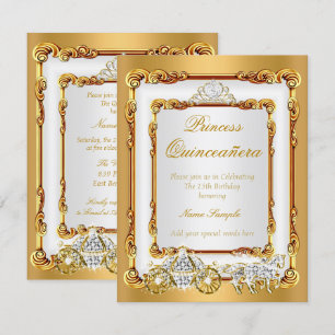Magical Quinceanera White Gold Horse and Carriage Invitation