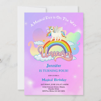 Magical Rainbow and Unicorn Birthday pink purple Invitation