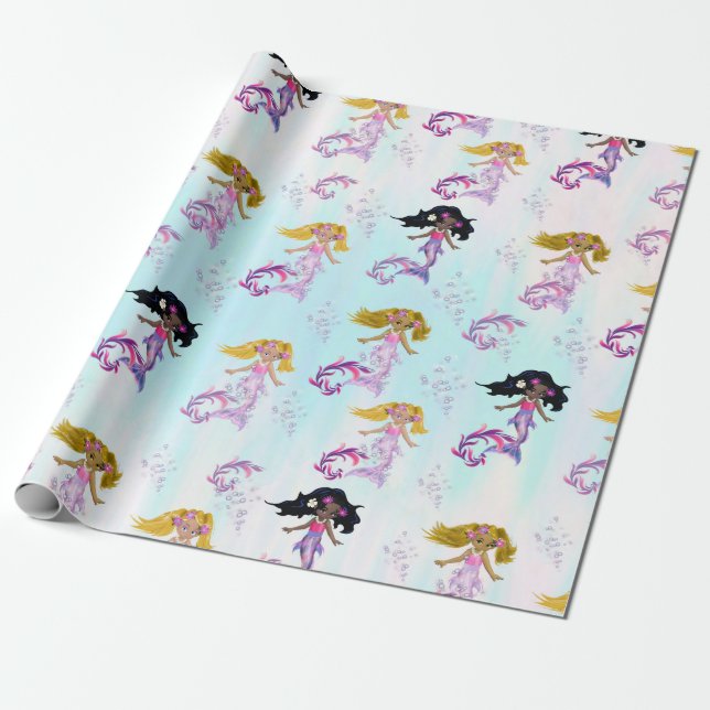 Magical Rainbow Baby Mermaids Wrapping Paper (Unrolled)