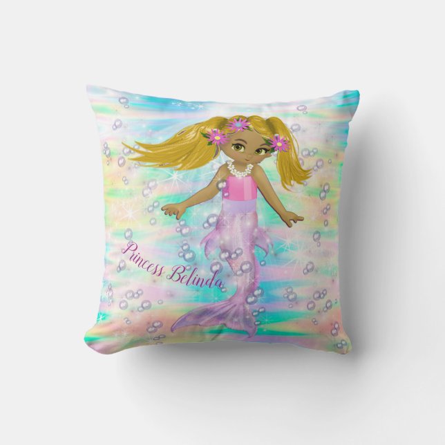Magical Rainbow Bubbles & Baby Girl Mermaids Cushion (Front)