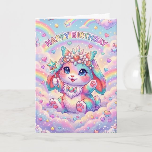 Magical Rainbow Bunny Birthday Whimsical Childrens Card (Front)