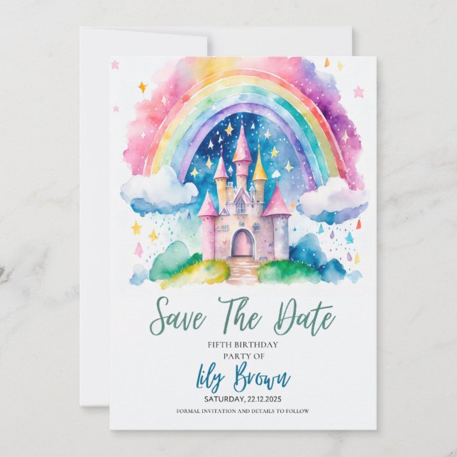 Magical Rainbow Castle Birthday Save The Date – Ki Invitation (Front)