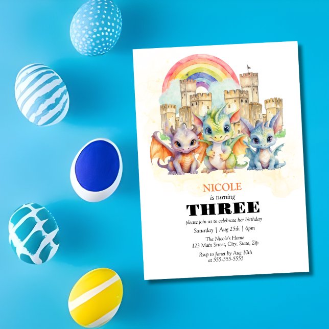 Magical Rainbow Castle Cute Baby Dragons Birthday Invitation (Creator Uploaded)