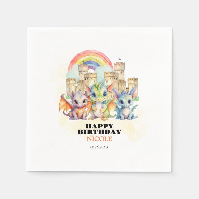Magical Rainbow Castle Cute Baby Dragons Birthday Napkin (Front)