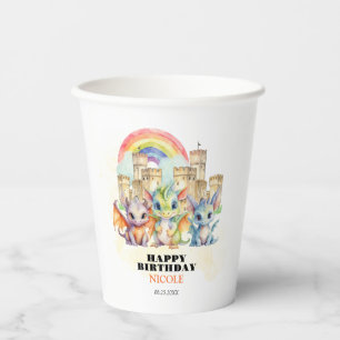 Magical Rainbow Castle Cute Baby Dragons Birthday Paper Cups