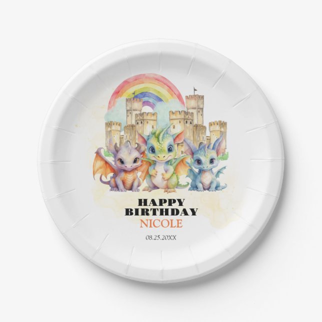 Magical Rainbow Castle Cute Baby Dragons Birthday Paper Plate (Front)