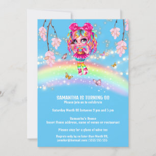Magical rainbow girl fantasy shiny lights blue invitation