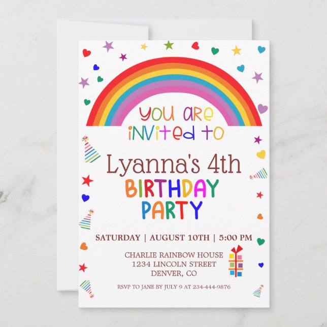Magical Rainbow Kids 4th Birthday Party Invitation (Front)