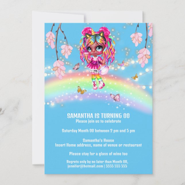 Magical rainbow melanin girl fantasy lights floral invitation (Front)