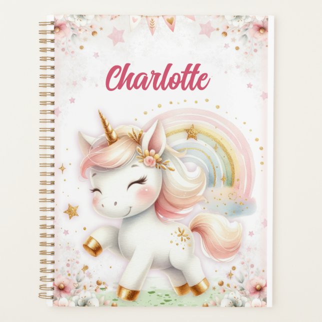 Magical Rainbow Pink Unicorns Spiral Notebook wate Planner (Front)