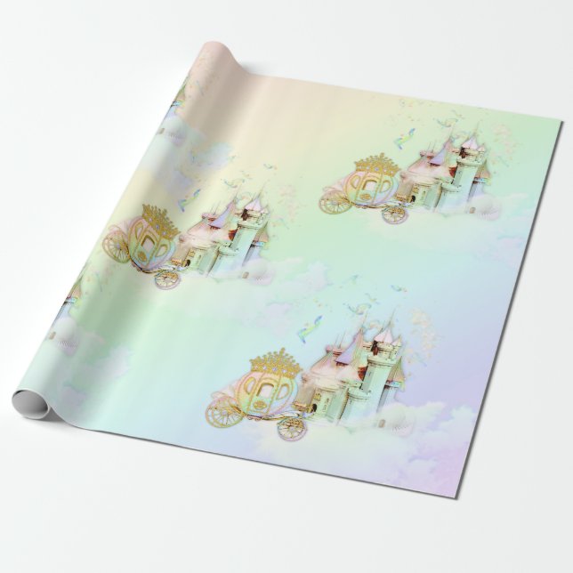 Magical Rainbow Princess Castle Carriage Wrapping Paper (Unrolled)