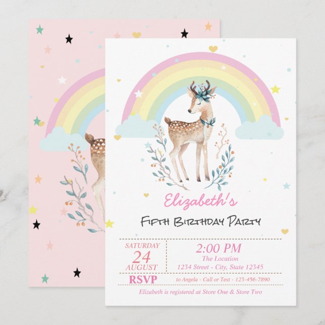 Magical Rainbow Reindeer Stars Birthday Invitation (Front/Back)
