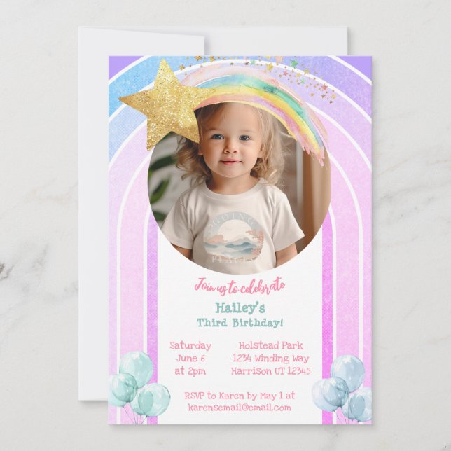 Magical Rainbow Shooting Star Photo Birthday Invitation (Front)