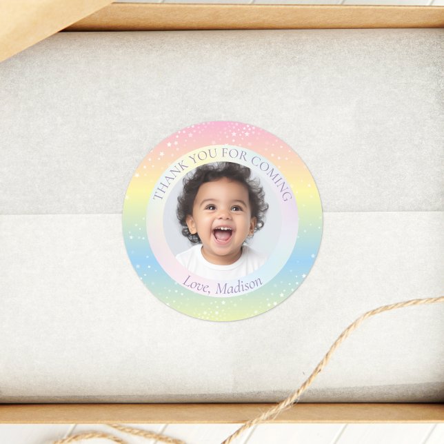 Magical Rainbow Stars Photo Thank You For Coming Classic Round Sticker (Creator Uploaded)