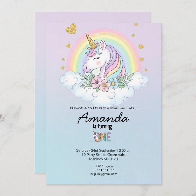 Magical Rainbow Unicorn 1st Birthday Invitation (Front/Back)