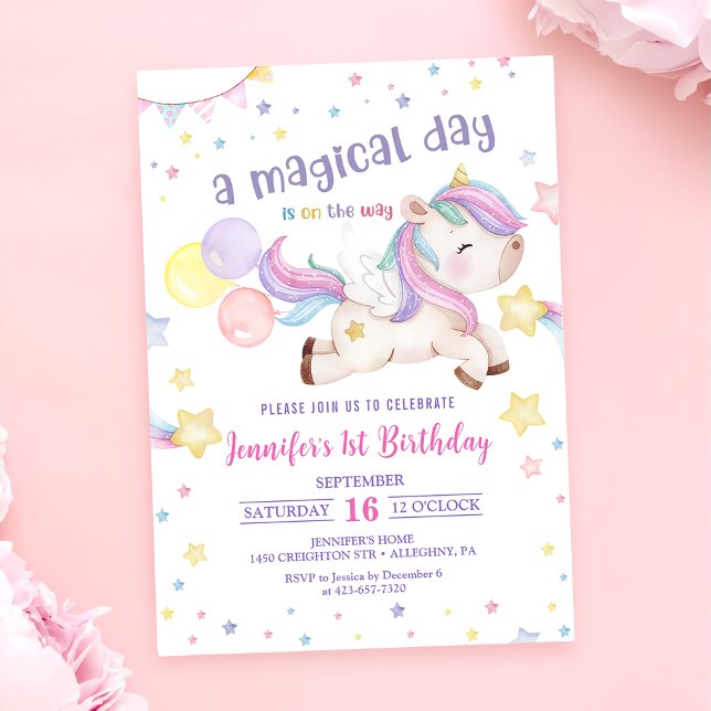 Magical Rainbow Unicorn 1st Birthday Party Invitation (Creator Uploaded)