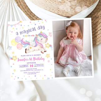 Magical Rainbow Unicorn 1st Birthday Party Photo Invitation