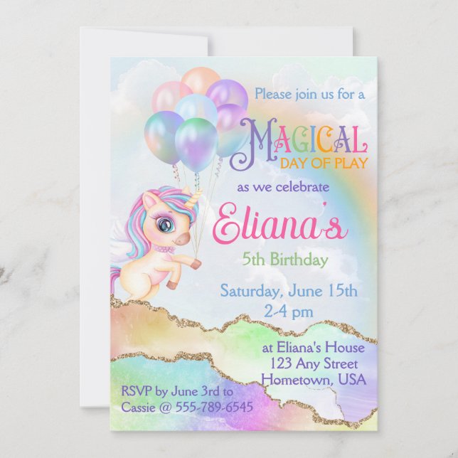 Magical Rainbow Unicorn Birthday Invitation (Front)